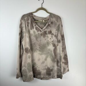 Logo Lounge X Large Tunic Blouse Long Sleeve V Neck Pockets Top Tye Dye Beige